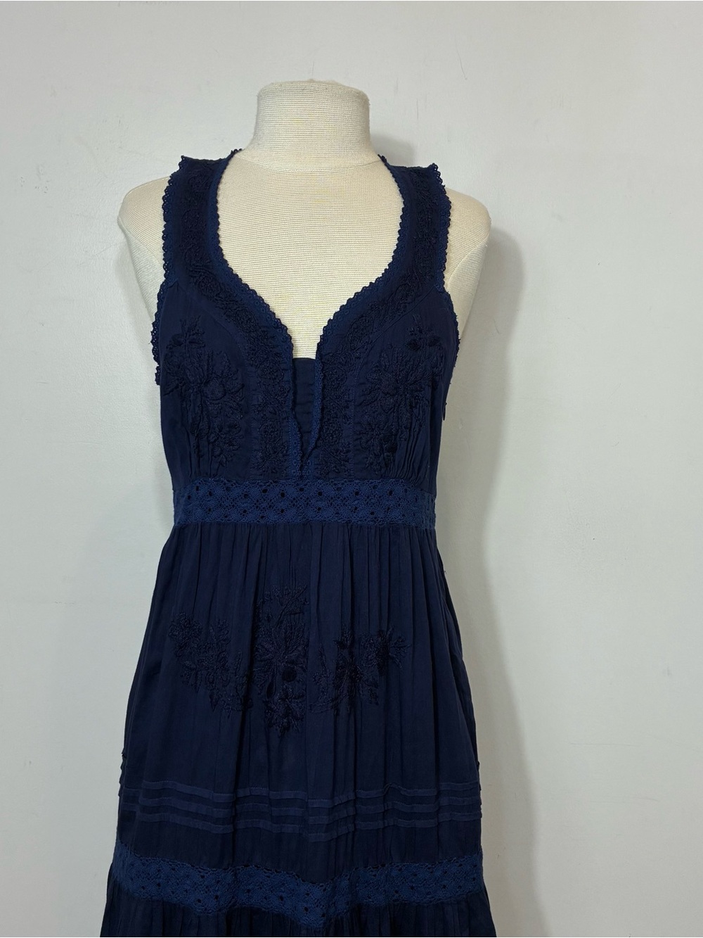 Roller Rabbit Navy Blue Persephone Dress Small Embroidered Lace Tiered Maxi S - Picture 4 of 12